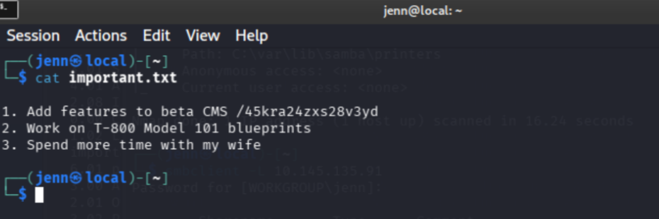 important.txt revealing a hidden directory path starting with /45kra24zxs28v3yd
